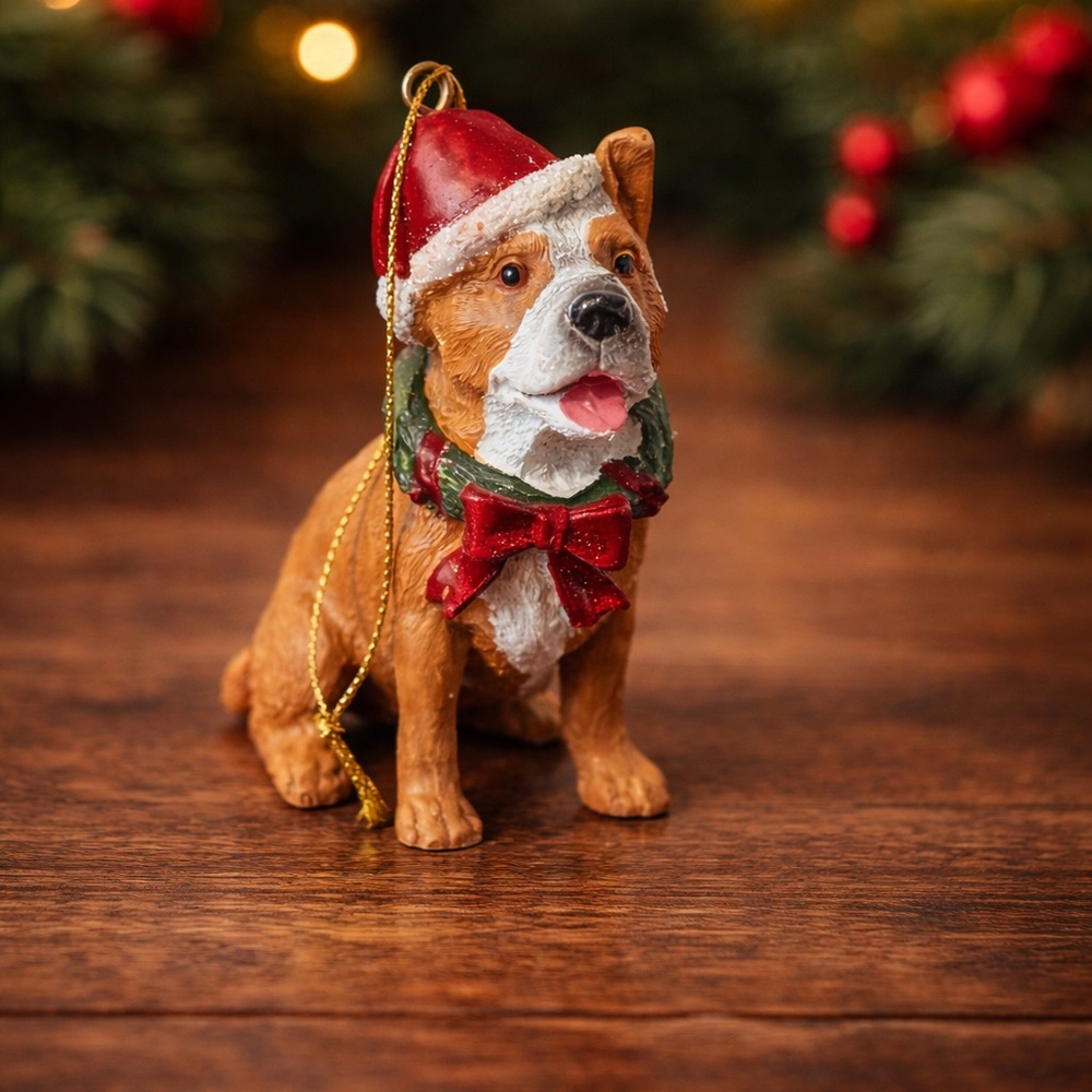 Dog Christmas Ornament Bulldog Terrier Figurine Santa Hat Resin Holiday Decor